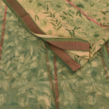 Sanskriti Vintage Sarees Cream/Green Kota Woven Pure Cotton Printed Sari Sustainable Fabric