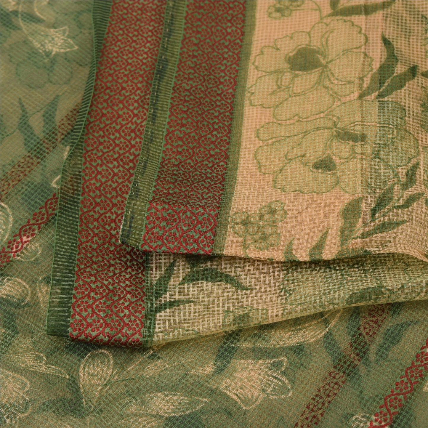 Sanskriti Vintage Sarees Cream/Green Kota Woven Pure Cotton Printed Sari Sustainable Fabric
