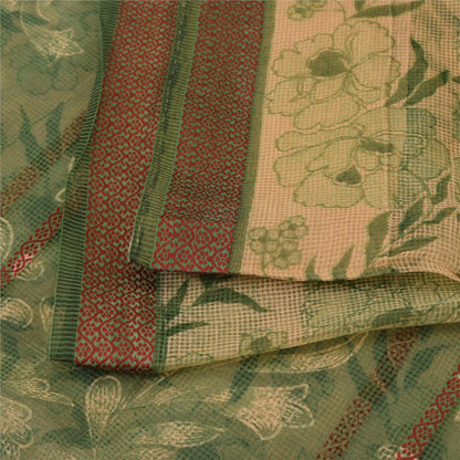 Sanskriti Vintage Sarees Cream/Green Kota Woven Pure Cotton Printed Sari Sustainable Fabric