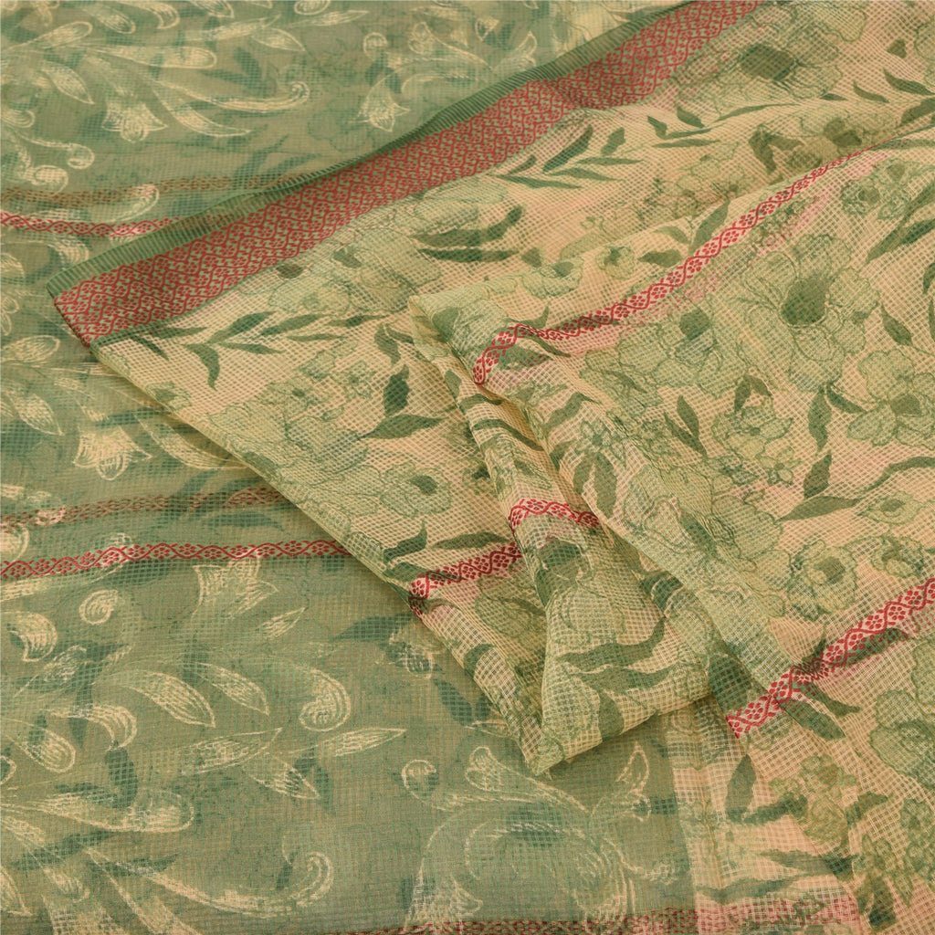 Sanskriti Vintage Sarees Cream/Green Kota Woven Pure Cotton Printed Sari Sustainable Fabric
