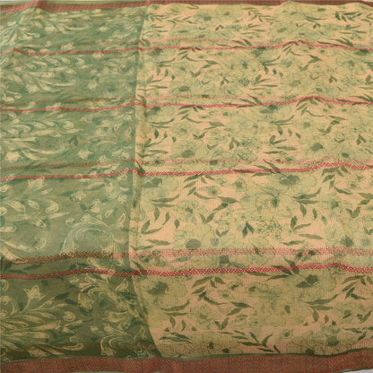 Sanskriti Vintage Sarees Cream/Green Kota Woven Pure Cotton Printed Sari Sustainable Fabric
