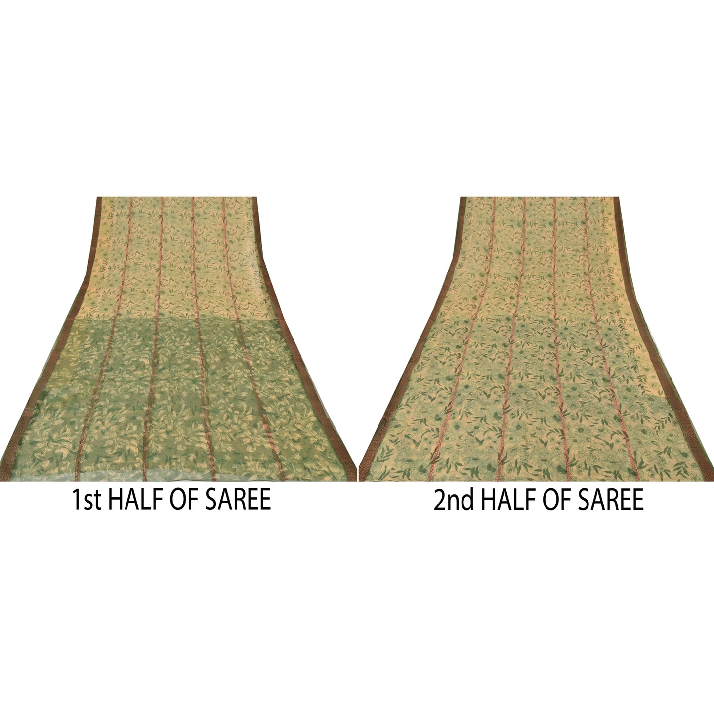 Sanskriti Vintage Sarees Cream/Green Kota Woven Pure Cotton Printed Sari Sustainable Fabric