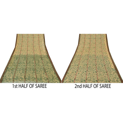 Sanskriti Vintage Sarees Cream/Green Kota Woven Pure Cotton Printed Sari Sustainable Fabric