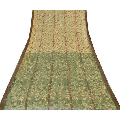 Sanskriti Vintage Sarees Cream/Green Kota Woven Pure Cotton Printed Sari Sustainable Fabric