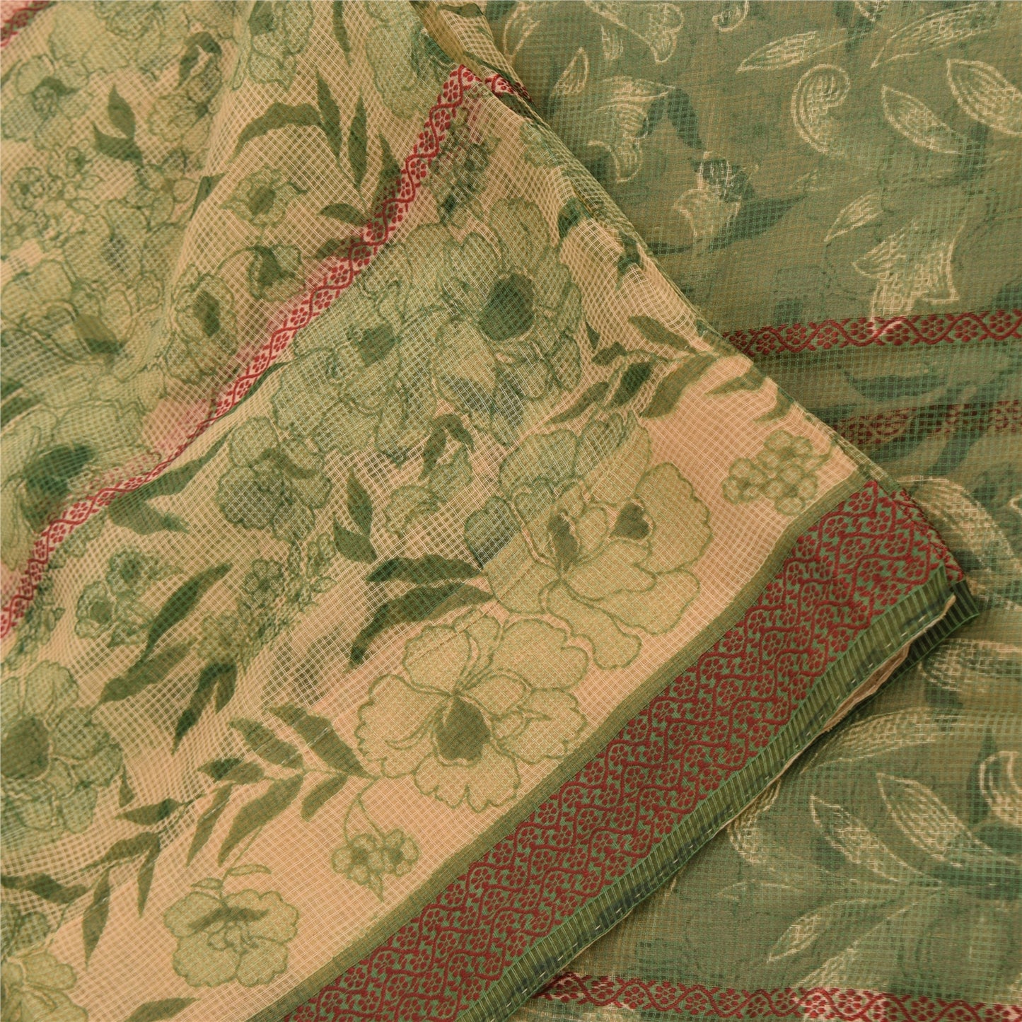 Sanskriti Vintage Sarees Cream/Green Kota Woven Pure Cotton Printed Sari Sustainable Fabric