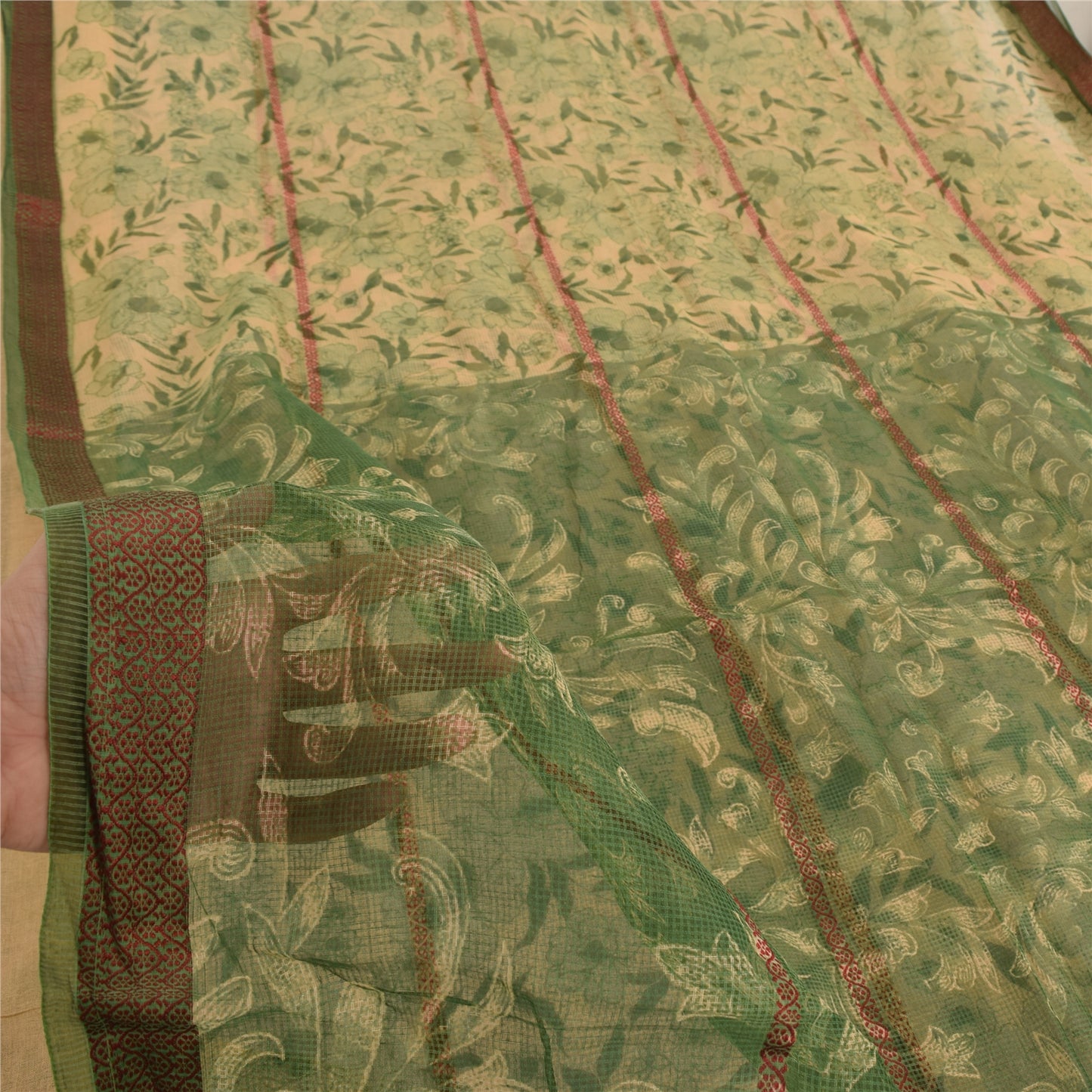 Sanskriti Vintage Sarees Cream/Green Kota Woven Pure Cotton Printed Sari Sustainable Fabric