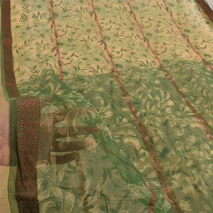 Sanskriti Vintage Sarees Cream/Green Kota Woven Pure Cotton Printed Sari Sustainable Fabric