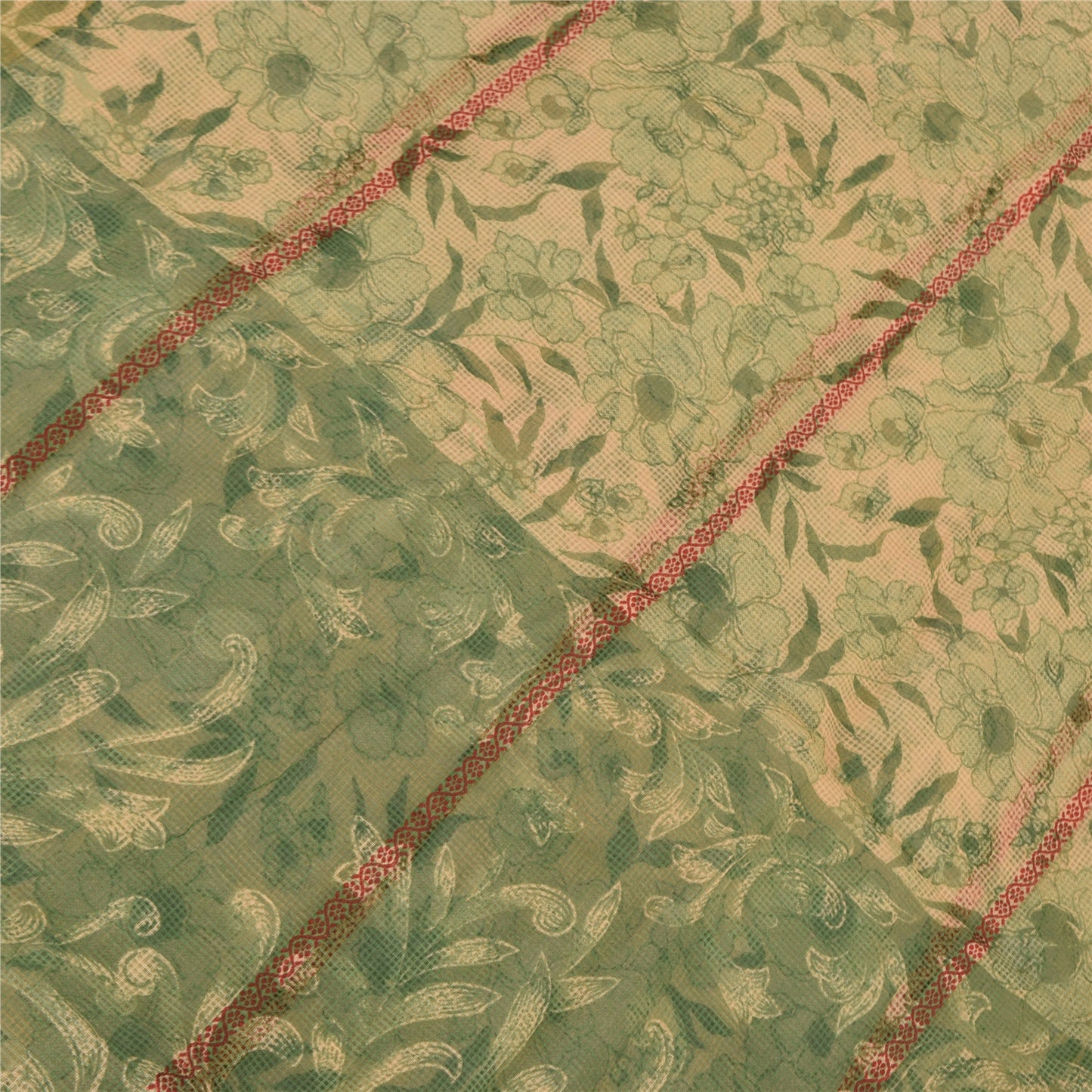 Sanskriti Vintage Sarees Cream/Green Kota Woven Pure Cotton Printed Sari Sustainable Fabric