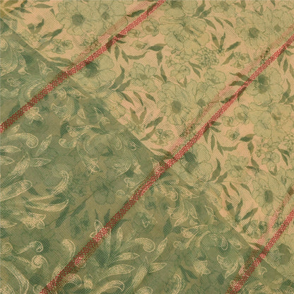 Sanskriti Vintage Sarees Cream/Green Kota Woven Pure Cotton Printed Sari Sustainable Fabric