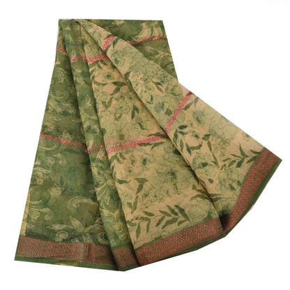 Sanskriti Vintage Sarees Cream/Green Kota Woven Pure Cotton Printed Sari Sustainable Fabric