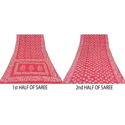 Sanskriti Vintage Sarees Red Floral Batik Work 100% Pure Cotton Sari 5yd Fabric