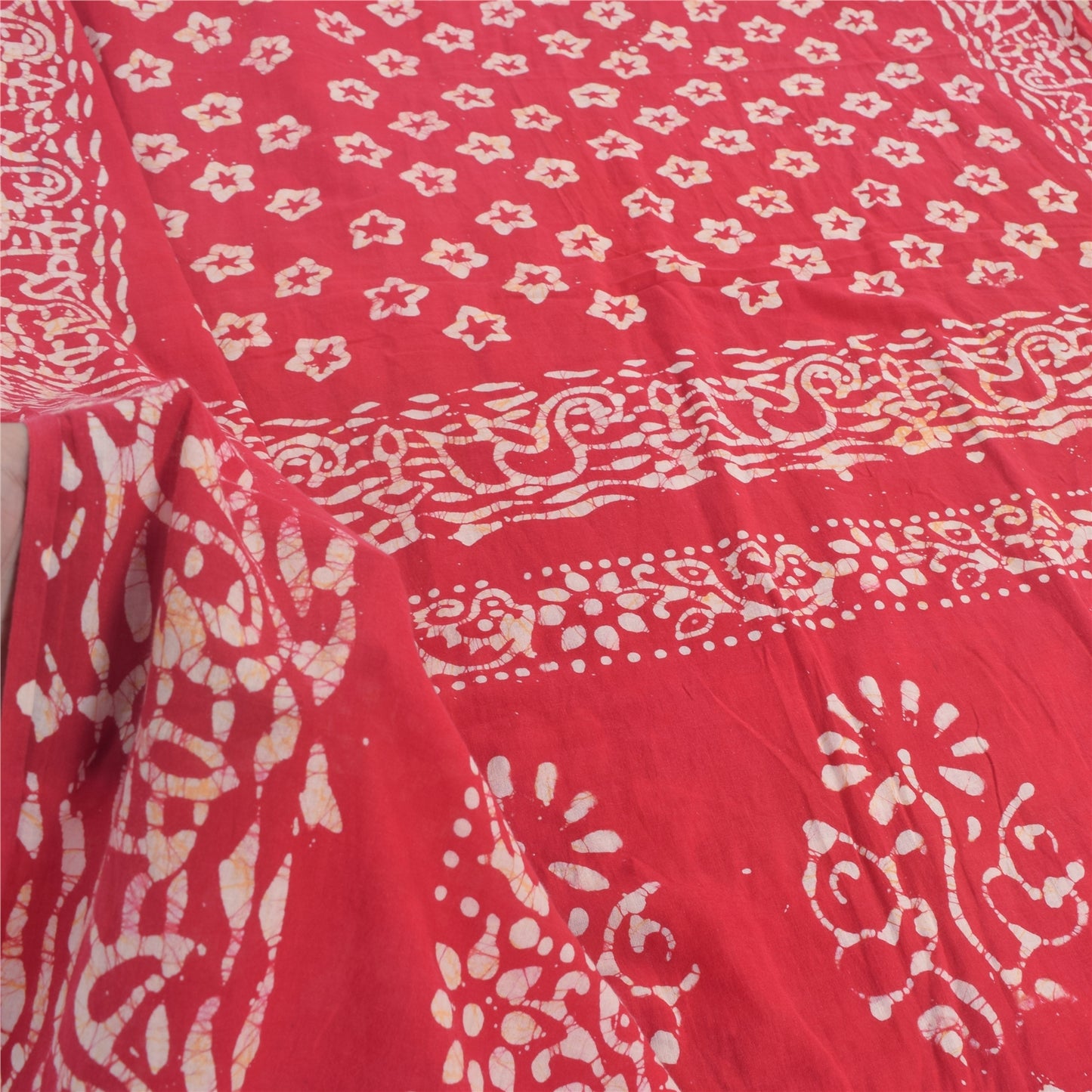 Sanskriti Vintage Sarees Red Floral Batik Work 100% Pure Cotton Sari 5yd Fabric
