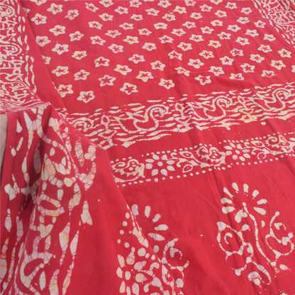 Sanskriti Vintage Sarees Red Floral Batik Work 100% Pure Cotton Sari 5yd Fabric