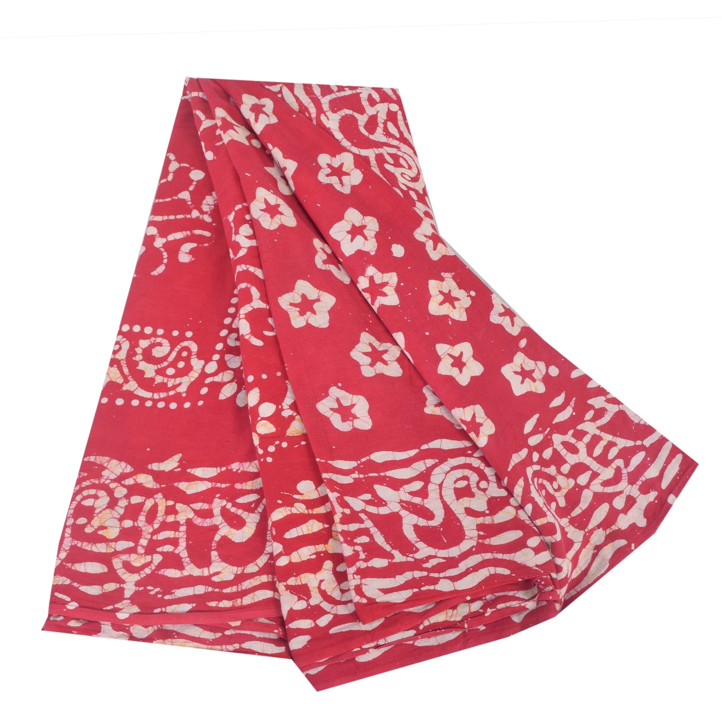 Sanskriti Vintage Sarees Red Floral Batik Work 100% Pure Cotton Sari 5yd Fabric