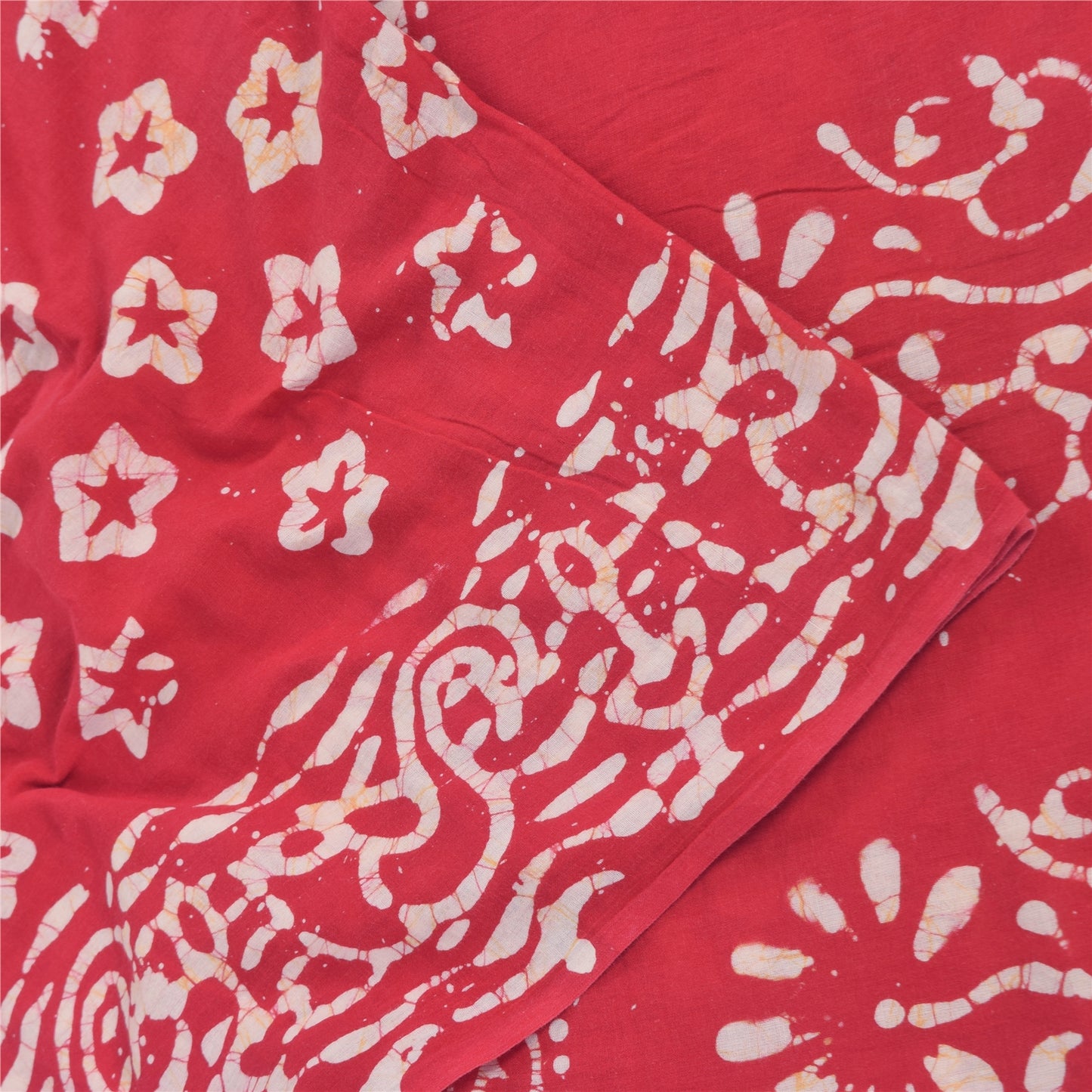 Sanskriti Vintage Sarees Red Floral Batik Work 100% Pure Cotton Sari 5yd Fabric