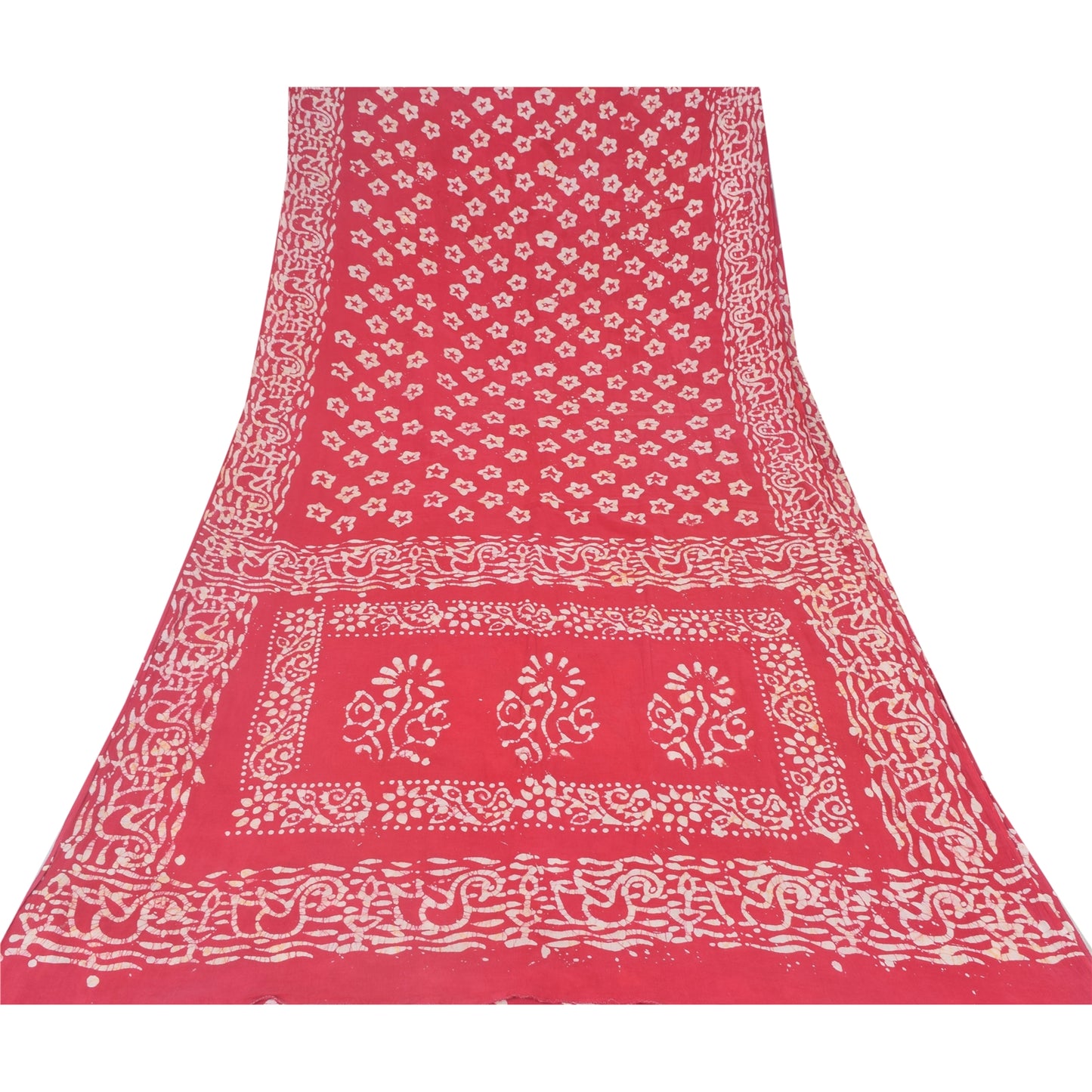 Sanskriti Vintage Sarees Red Floral Batik Work 100% Pure Cotton Sari 5yd Fabric