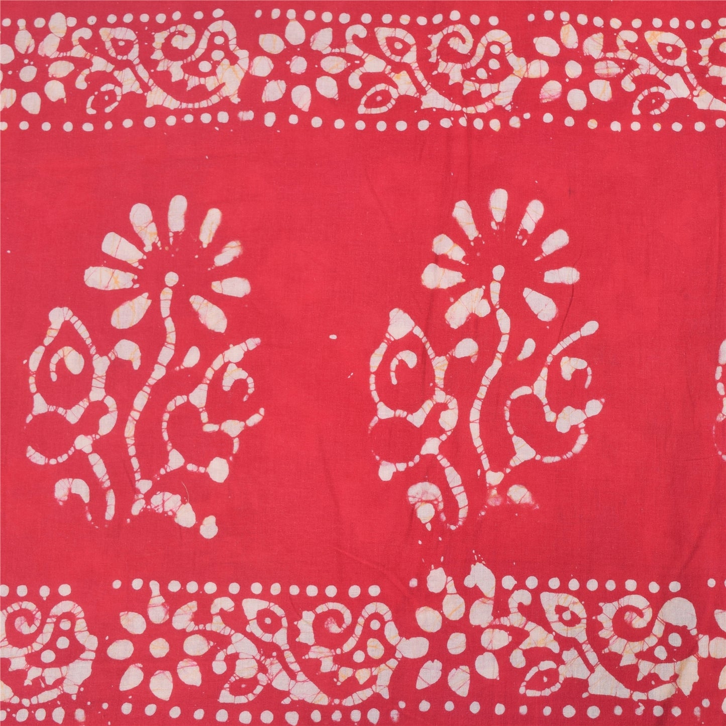Sanskriti Vintage Sarees Red Floral Batik Work 100% Pure Cotton Sari 5yd Fabric