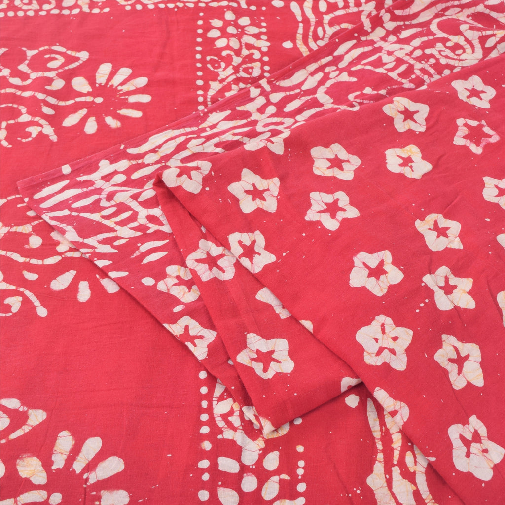 Sanskriti Vintage Sarees Red Floral Batik Work 100% Pure Cotton Sari 5yd Fabric