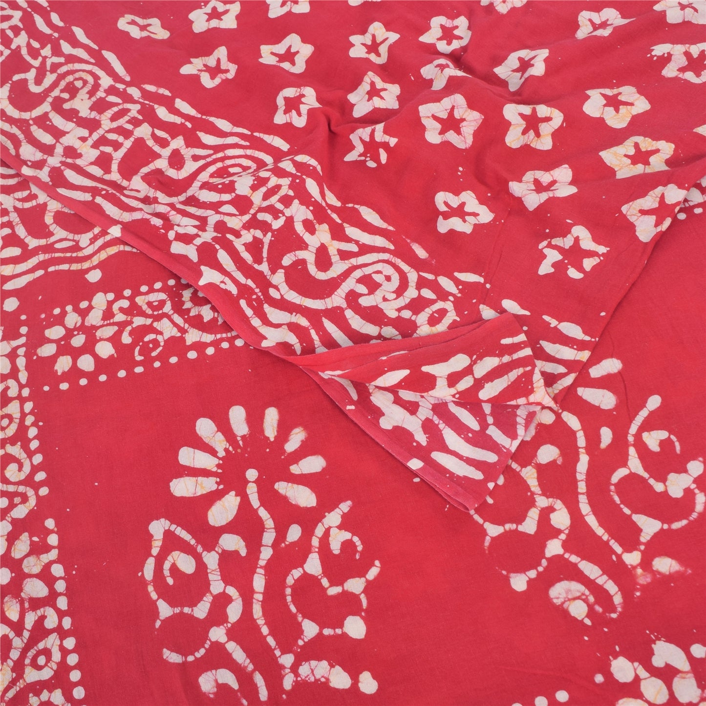 Sanskriti Vintage Sarees Red Floral Batik Work 100% Pure Cotton Sari 5yd Fabric