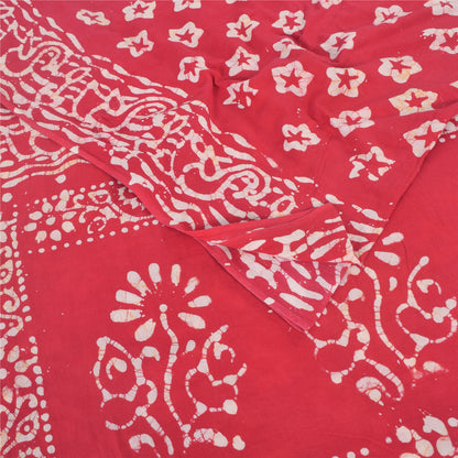 Sanskriti Vintage Sarees Red Floral Batik Work 100% Pure Cotton Sari 5yd Fabric