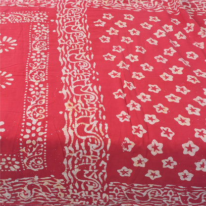 Sanskriti Vintage Sarees Red Floral Batik Work 100% Pure Cotton Sari 5yd Fabric