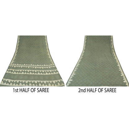 Sanskriti Vintage Sarees Gray Batik & Work-Block Print Pure Cotton Sari Abstract Geometric Craft Fabric