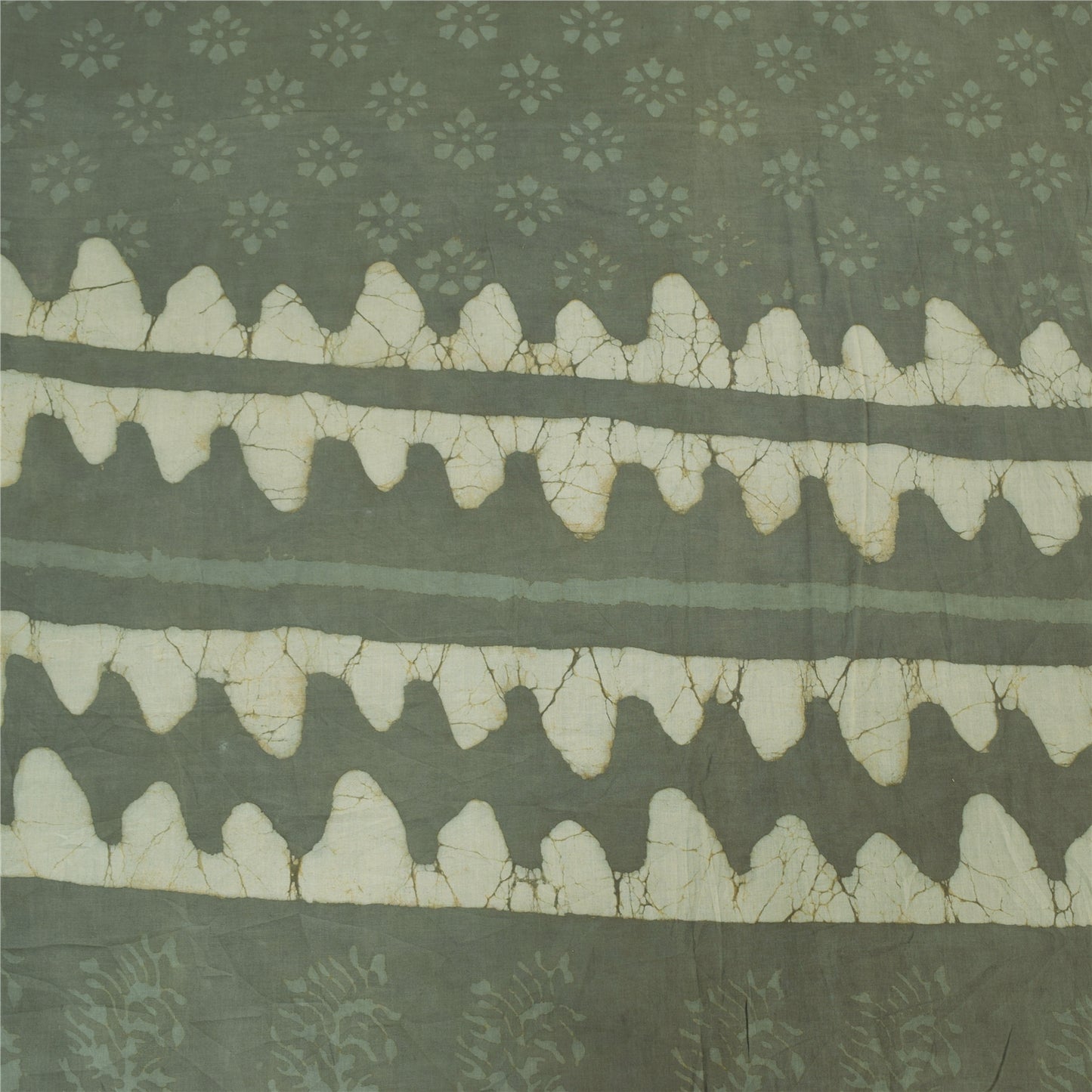 Sanskriti Vintage Sarees Gray Batik & Work-Block Print Pure Cotton Sari Abstract Geometric Craft Fabric