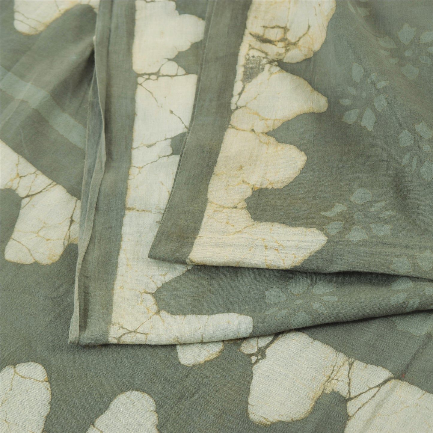 Sanskriti Vintage Sarees Gray Batik & Work-Block Print Pure Cotton Sari Abstract Geometric Craft Fabric