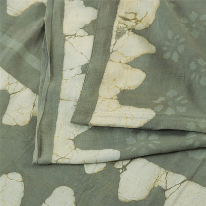 Sanskriti Vintage Sarees Gray Batik & Work-Block Print Pure Cotton Sari Abstract Geometric Craft Fabric