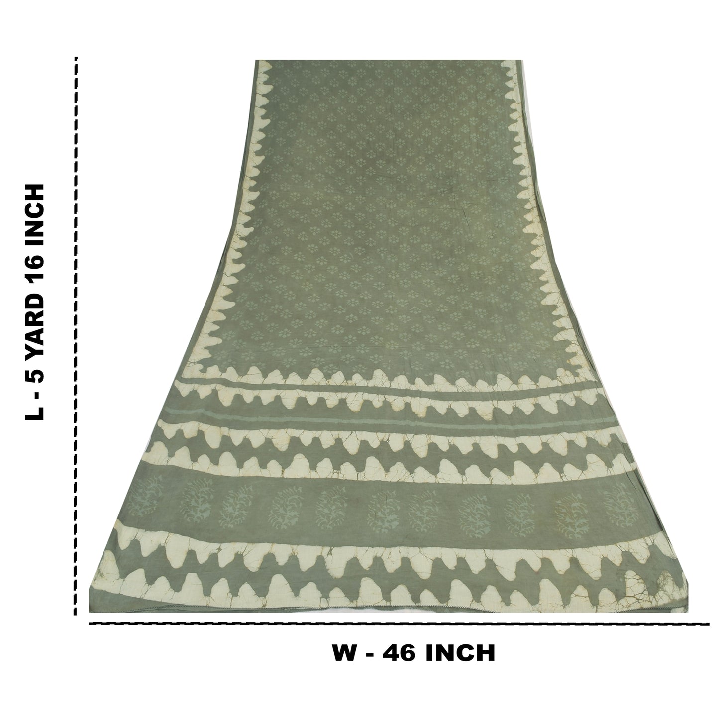 Sanskriti Vintage Sarees Gray Batik & Work-Block Print Pure Cotton Sari Abstract Geometric Craft Fabric