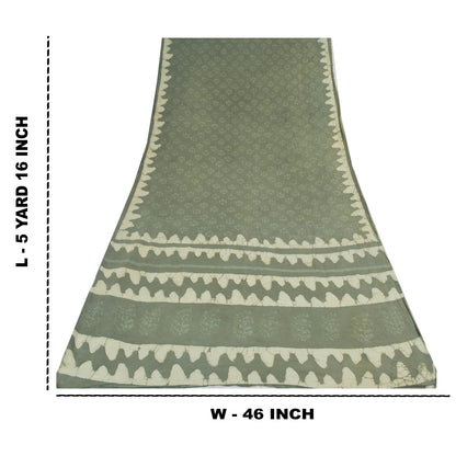 Sanskriti Vintage Sarees Gray Batik & Work-Block Print Pure Cotton Sari Abstract Geometric Craft Fabric