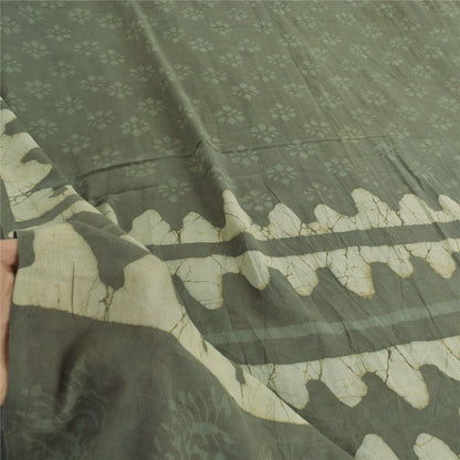 Sanskriti Vintage Sarees Gray Batik & Work-Block Print Pure Cotton Sari Abstract Geometric Craft Fabric