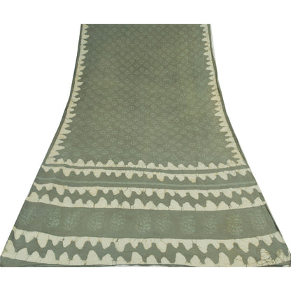 Sanskriti Vintage Sarees Gray Batik & Work-Block Print Pure Cotton Sari Abstract Geometric Craft Fabric