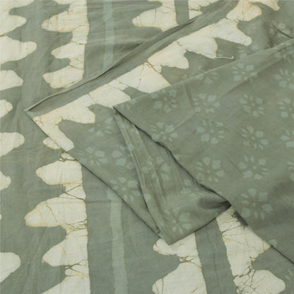 Sanskriti Vintage Sarees Gray Batik & Work-Block Print Pure Cotton Sari Abstract Geometric Craft Fabric