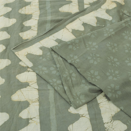 Sanskriti Vintage Sarees Gray Batik & Work-Block Print Pure Cotton Sari Abstract Geometric Craft Fabric