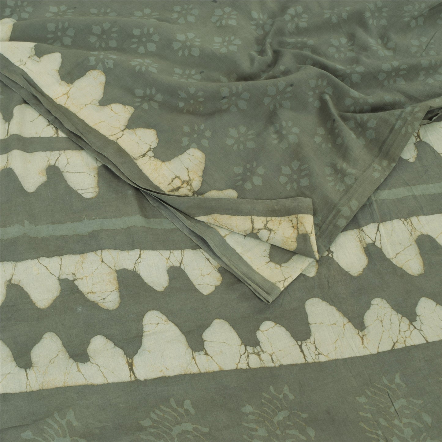 Sanskriti Vintage Sarees Gray Batik & Work-Block Print Pure Cotton Sari Abstract Geometric Craft Fabric