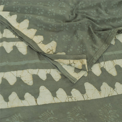 Sanskriti Vintage Sarees Gray Batik & Work-Block Print Pure Cotton Sari Abstract Geometric Craft Fabric