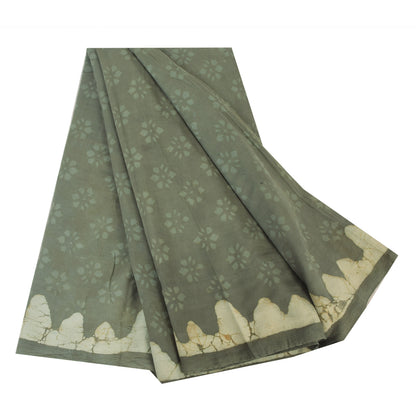 Sanskriti Vintage Sarees Gray Batik & Work-Block Print Pure Cotton Sari Abstract Geometric Craft Fabric