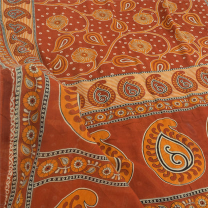 Sanskriti Vintage Sarees Indian Orange Pure Cotton Printed Sari 5yd Craft Sustainable Fabric