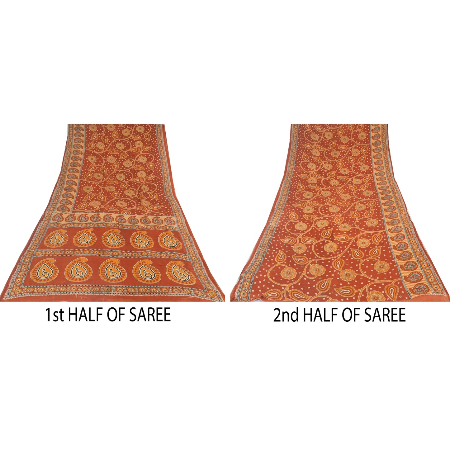 Sanskriti Vintage Sarees Indian Orange Pure Cotton Printed Sari 5yd Craft Sustainable Fabric