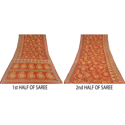 Sanskriti Vintage Sarees Indian Orange Pure Cotton Printed Sari 5yd Craft Sustainable Fabric