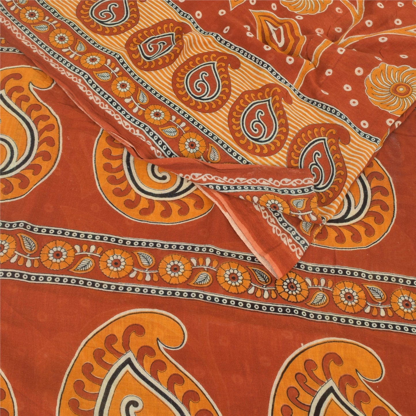Sanskriti Vintage Sarees Indian Orange Pure Cotton Printed Sari 5yd Craft Sustainable Fabric