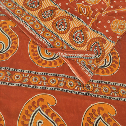 Sanskriti Vintage Sarees Indian Orange Pure Cotton Printed Sari 5yd Craft Sustainable Fabric