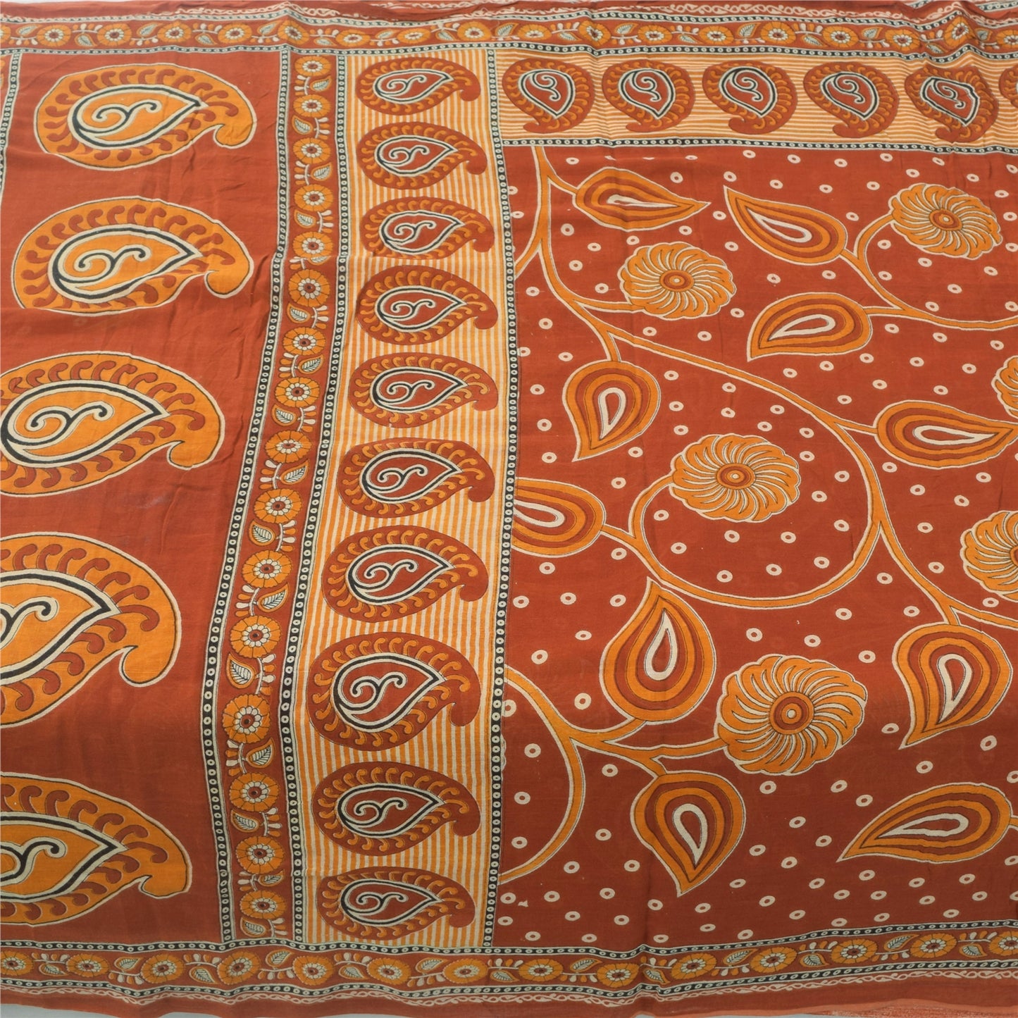 Sanskriti Vintage Sarees Indian Orange Pure Cotton Printed Sari 5yd Craft Sustainable Fabric