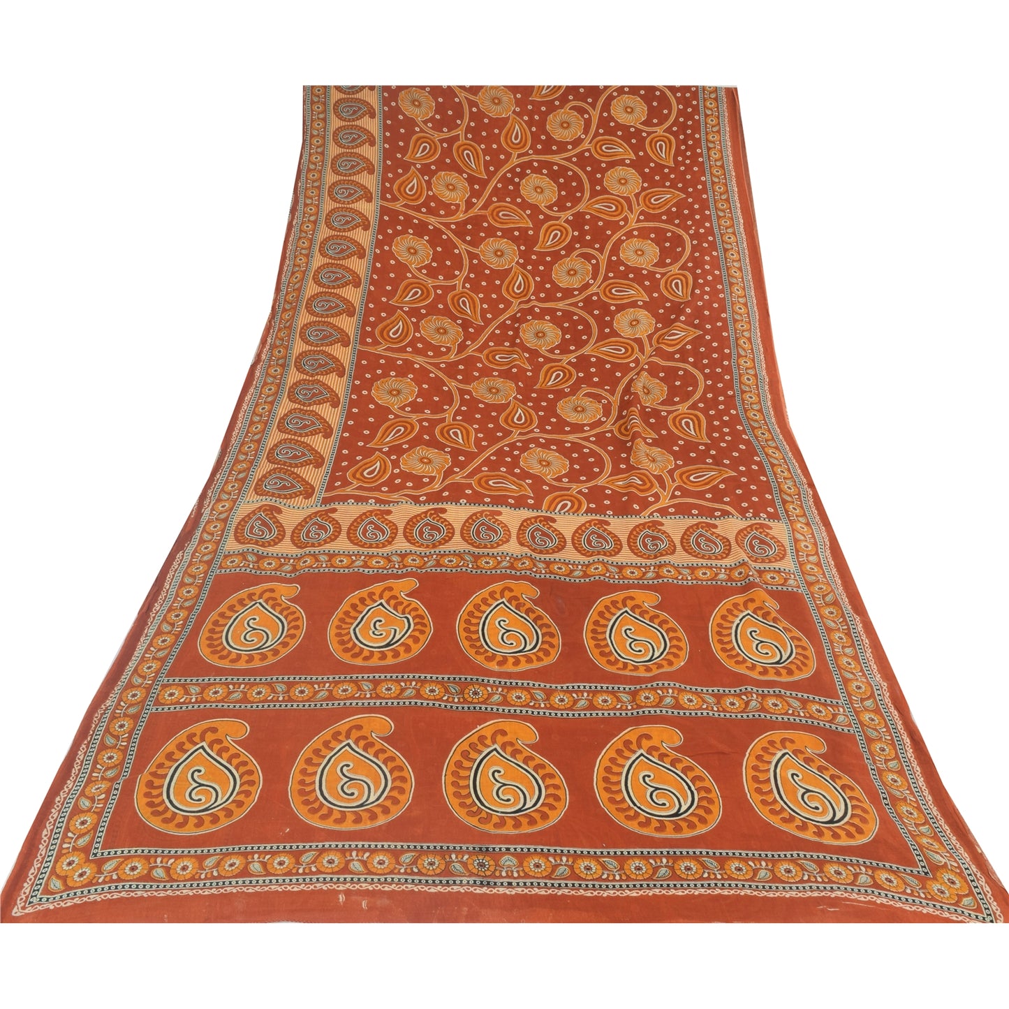 Sanskriti Vintage Sarees Indian Orange Pure Cotton Printed Sari 5yd Craft Sustainable Fabric