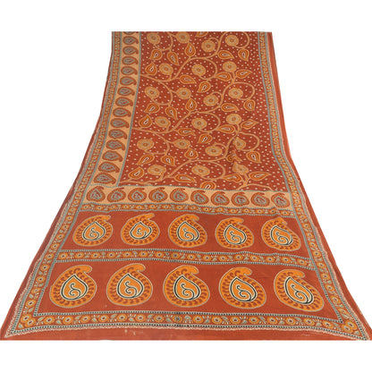 Sanskriti Vintage Sarees Indian Orange Pure Cotton Printed Sari 5yd Craft Sustainable Fabric