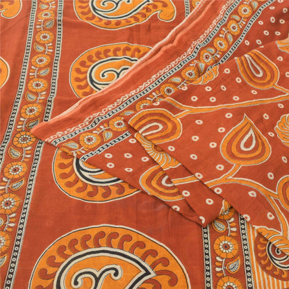 Sanskriti Vintage Sarees Indian Orange Pure Cotton Printed Sari 5yd Craft Sustainable Fabric