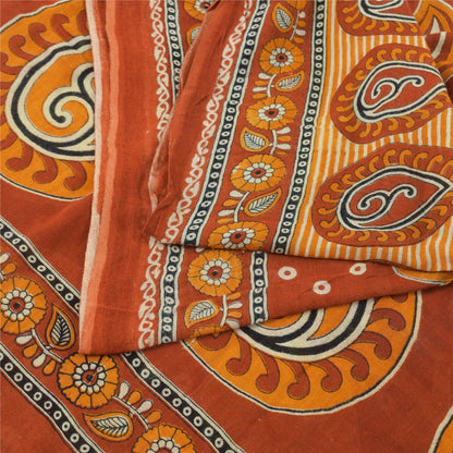Sanskriti Vintage Sarees Indian Orange Pure Cotton Printed Sari 5yd Craft Sustainable Fabric