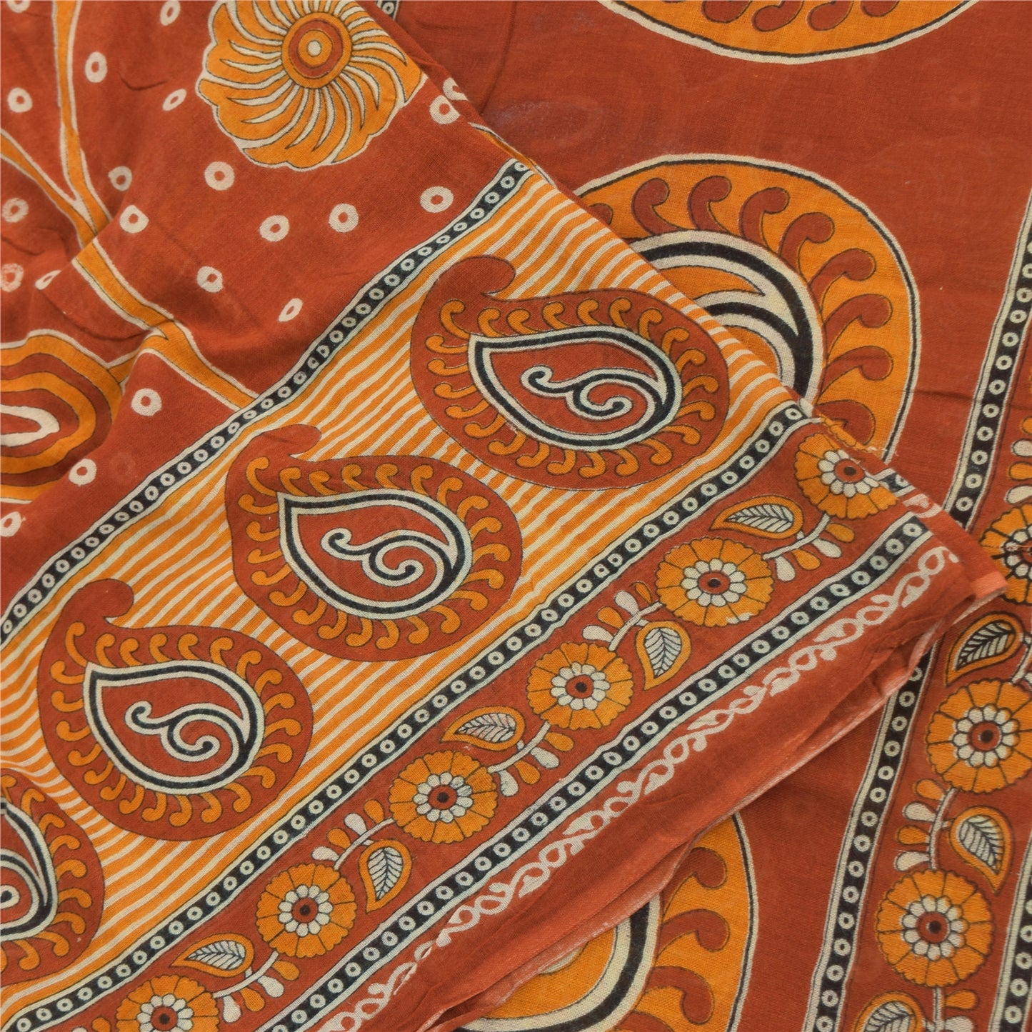 Sanskriti Vintage Sarees Indian Orange Pure Cotton Printed Sari 5yd Craft Sustainable Fabric