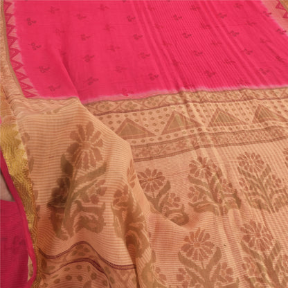 Sanskriti Vintage Sarees Hot-Pink/Brown Pure Cotton Print Sari 5yd Craft Sustainable Fabric